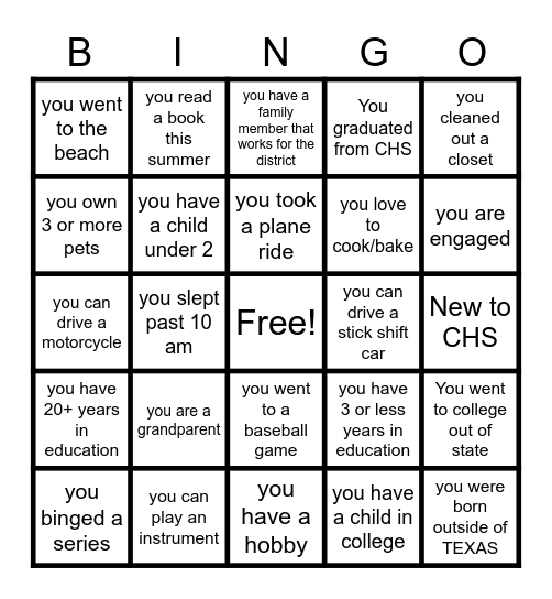 WELCOME BACK Bingo Card