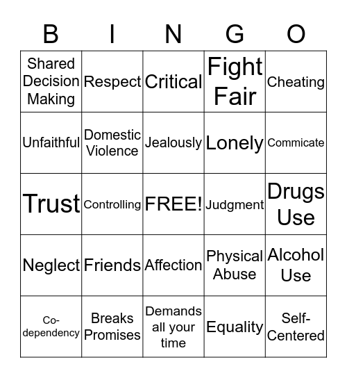 Relationships BINGO Card