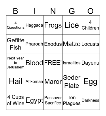 Sutton Place Synagogue Seder Bingo Card