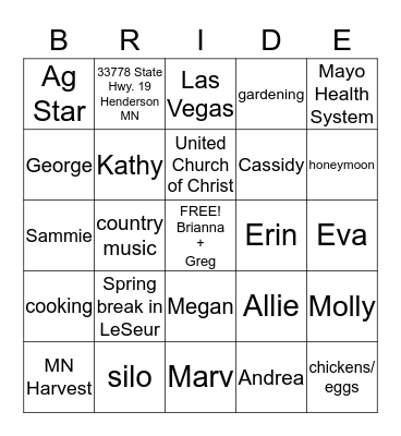 Brianna's Bridal Bingo Card