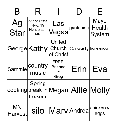 Brianna's Bridal Bingo Card