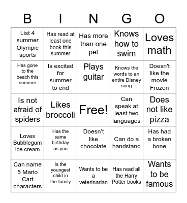 JUST KIDS SUMMER CAMP Bingo Card