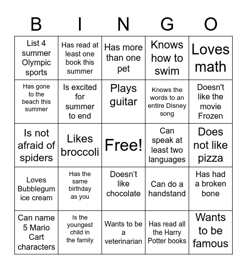 JUST KIDS SUMMER CAMP Bingo Card