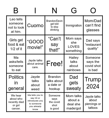 Family Fun Bingo Card