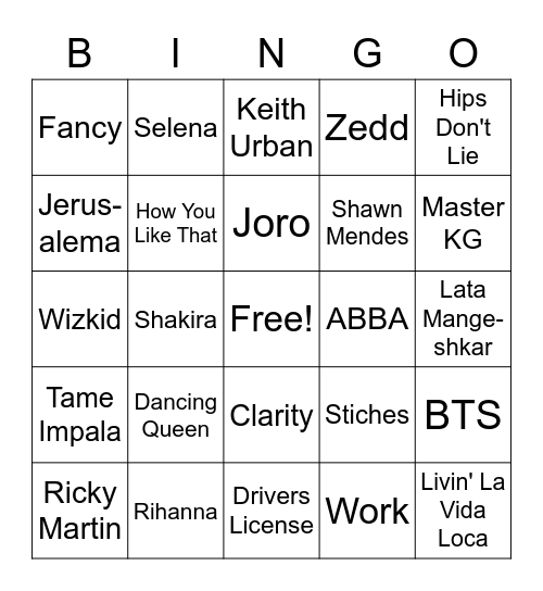 Musical Bingo Card