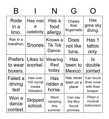 Family Triva Bingo Card