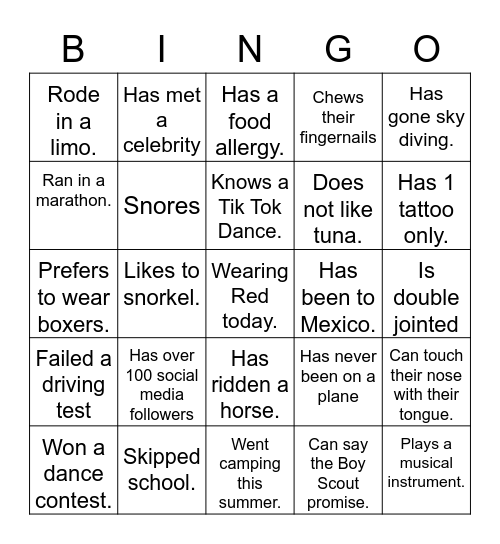 Family Triva Bingo Card