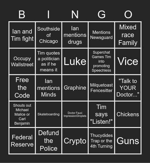 Timcast IRL Bingo Card