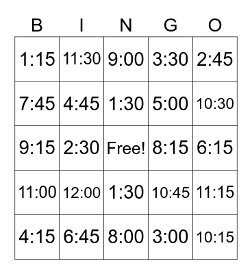 Telling Time Bingo Card
