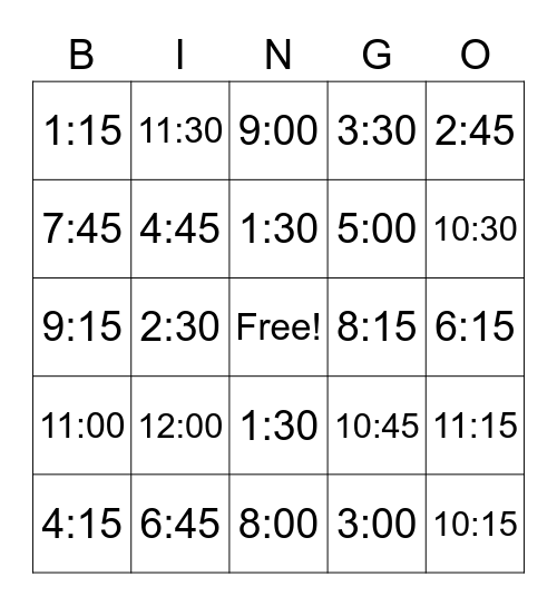 Telling Time Bingo Card