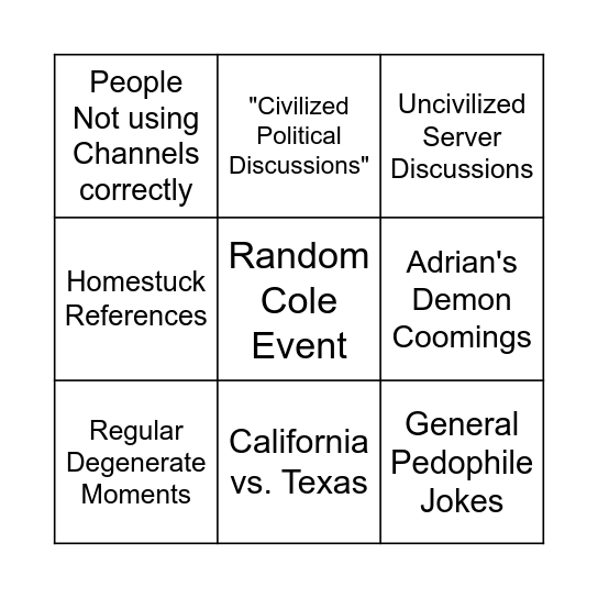 Common Discussions in This Server: Bingo Card