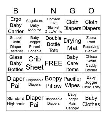 Baby Gormley Gift Bingo Card