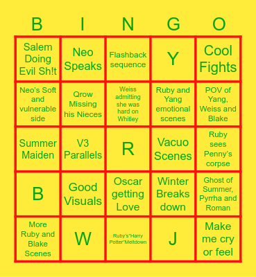 Rwby V9 Bingo: Things I want to see Bingo Card