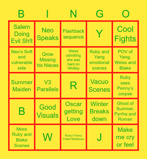 Rwby V9 Bingo: Things I want to see Bingo Card
