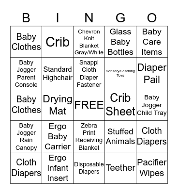Baby Gormley Gift Bingo Card