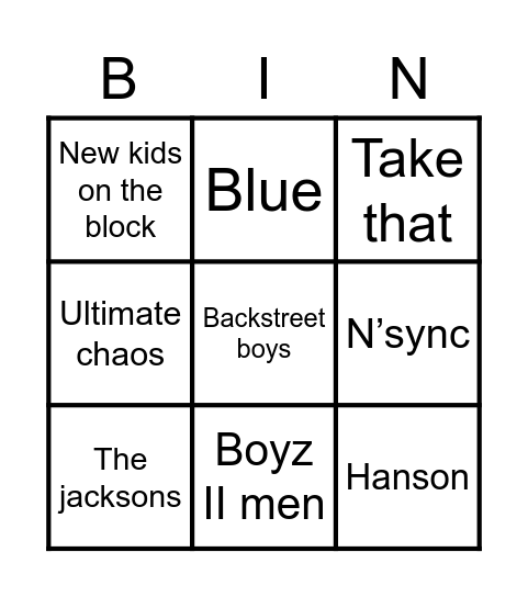 Boyband Bingo Card