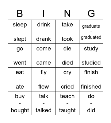 Simple Past Verbs Bingo Card