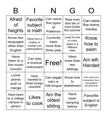 Getting to Know You Bingo Card