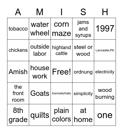 Amish Bingo Card