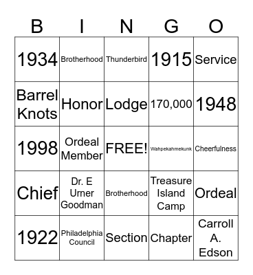 Order of the Arrow History Bingo Card