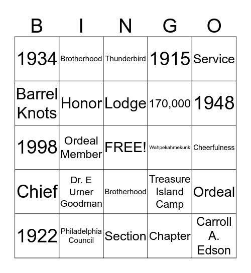 Order of the Arrow History Bingo Card