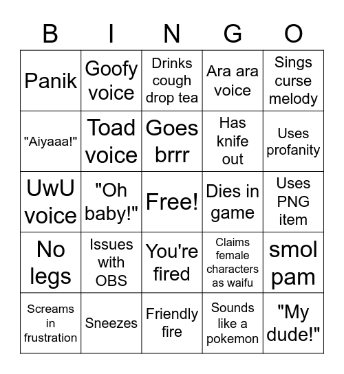 PAM's Stream Bingo Card