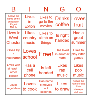 Back 2 School Bingo Card