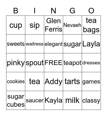 Tea Party Bingo Card