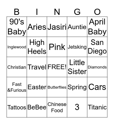 Brittney's Birthday Bingo Card