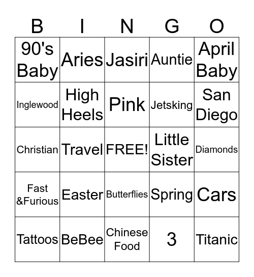 Brittney's Birthday Bingo Card