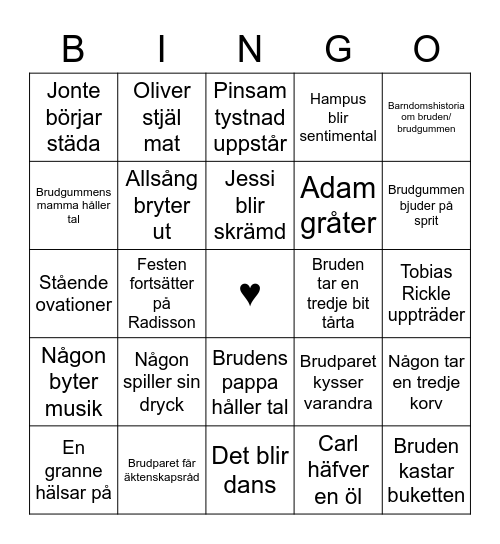 Bröllopsbingo Card