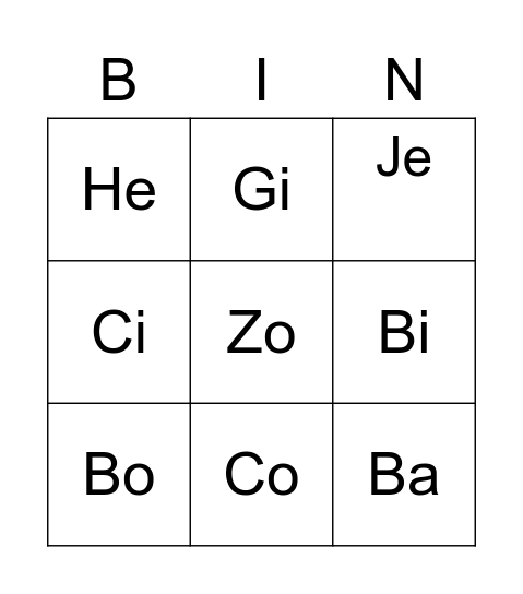 Syllables Bingo Card