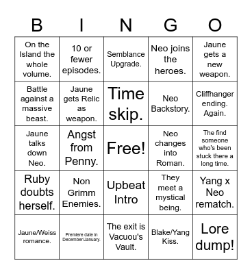 Rwby Vol 9 Bingo Card