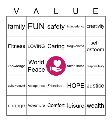 A value is what's important to you. Bingo Card