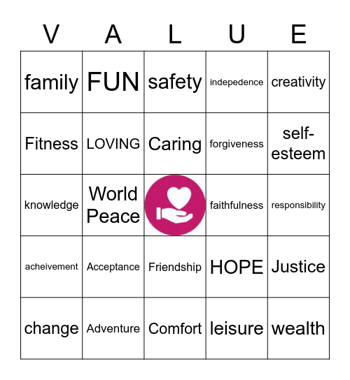 A value is what's important to you. Bingo Card