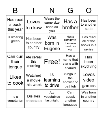 Girls Camp Get to Know You Bingo Card