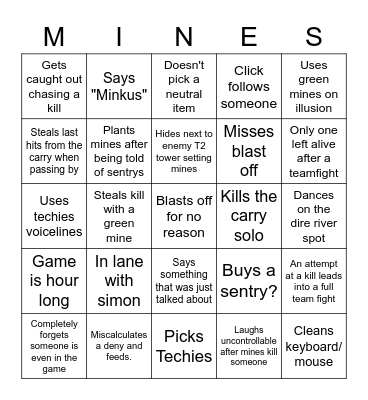 Playing Dota with Ryan Bingo Card