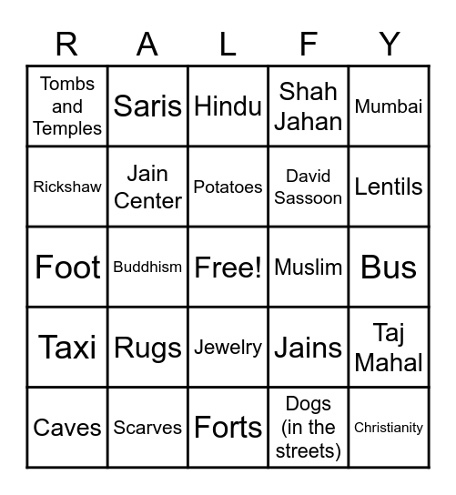 India Bingo Card