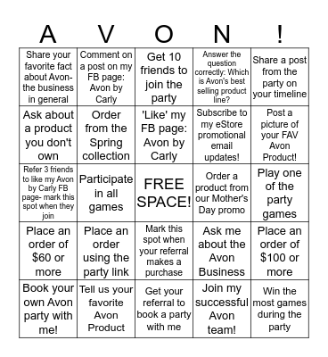 Mercie's Avon Party Bingo!!!! Bingo Card