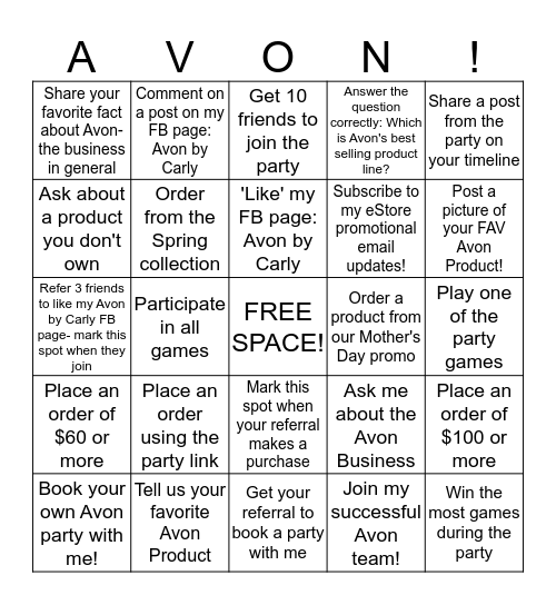 Mercie's Avon Party Bingo!!!! Bingo Card