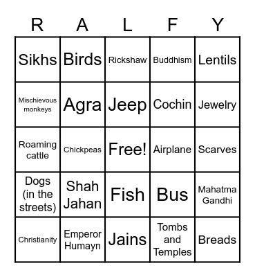 India Bingo Card