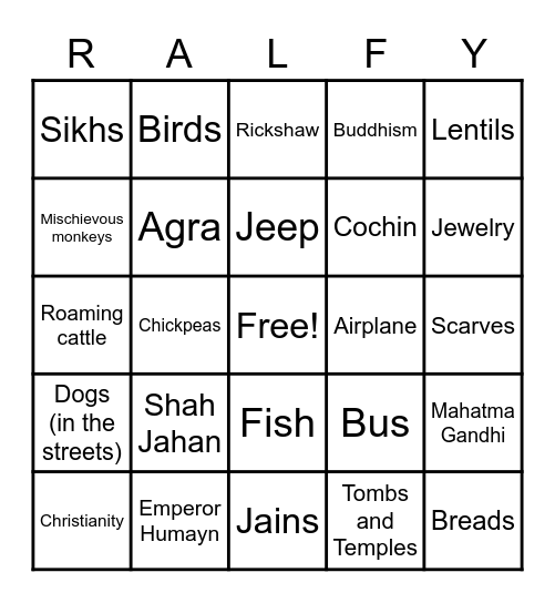India Bingo Card