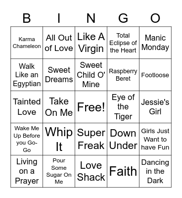 Jennifer's Madonna Birthday Party Bingo Card
