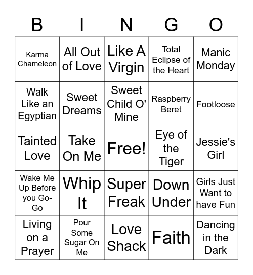 Jennifer's Madonna Birthday Party Bingo Card