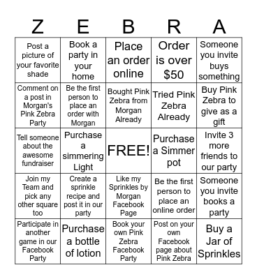 Morgan's Pink Zebra Party Bingo Card