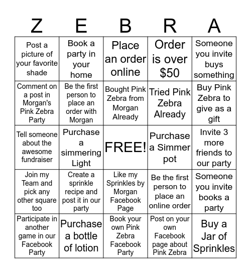 Morgan's Pink Zebra Party Bingo Card