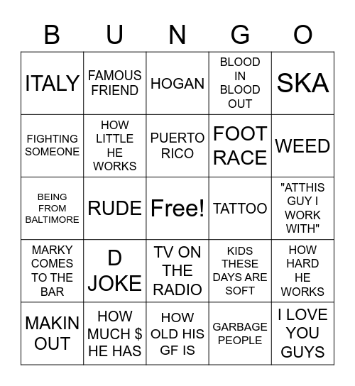 TONY BUNGO Bingo Card