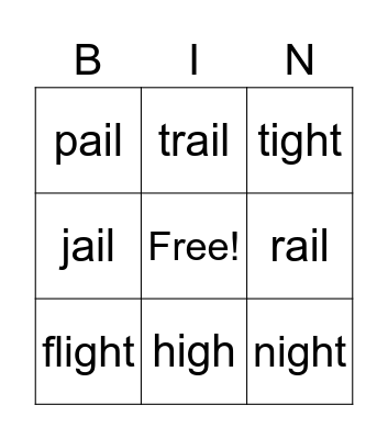 ail & ight long vowel Bingo Card