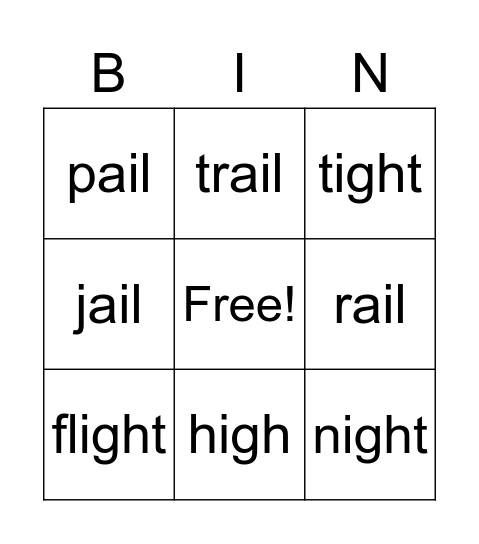 ail & ight long vowel Bingo Card