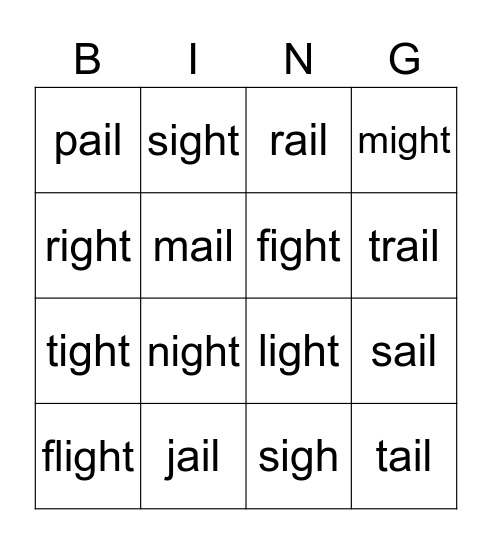 ail & ight long vowel Bingo Card